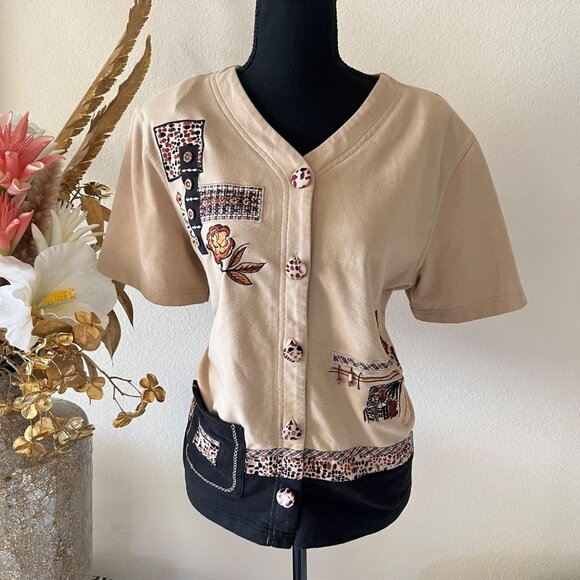 Cottage Prairie y2k Embroidered Patchwork Beige Button-Up Cardigan Large - Picture 1 of 11
